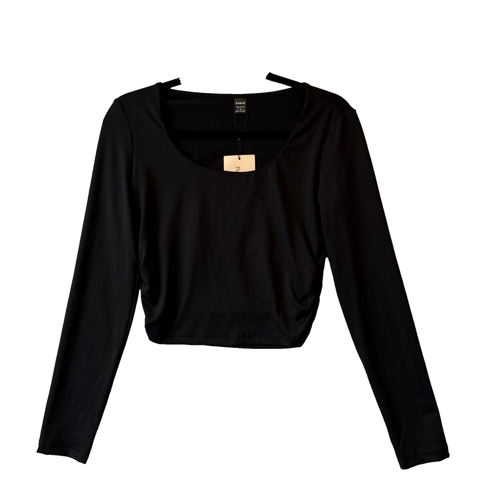 NWT Y2K Long Sleeve Scoop Neck Ruched Crop Top S Black Athleisure Streetwear